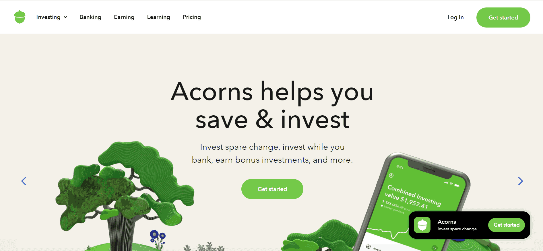 Acorns homepage