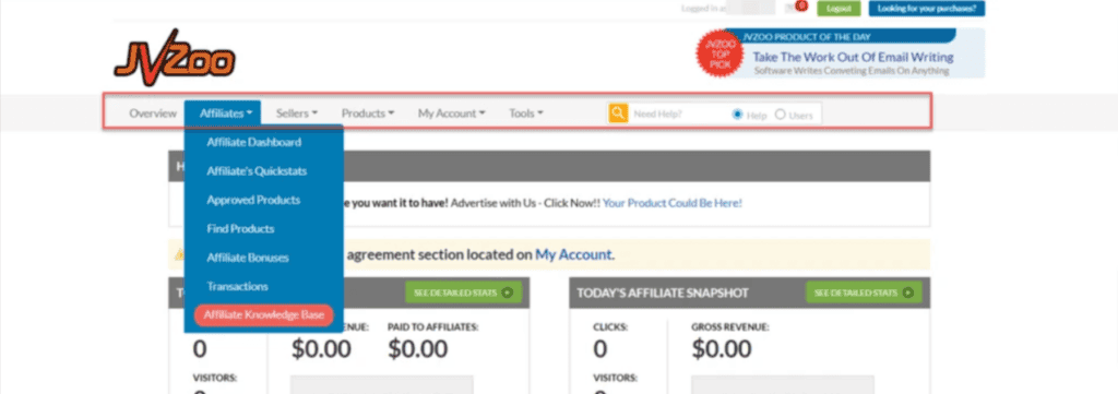 JVZoo affiliate dashboard