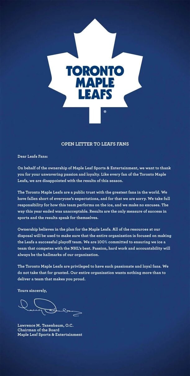 Toronto Maple Leafs formal apology message