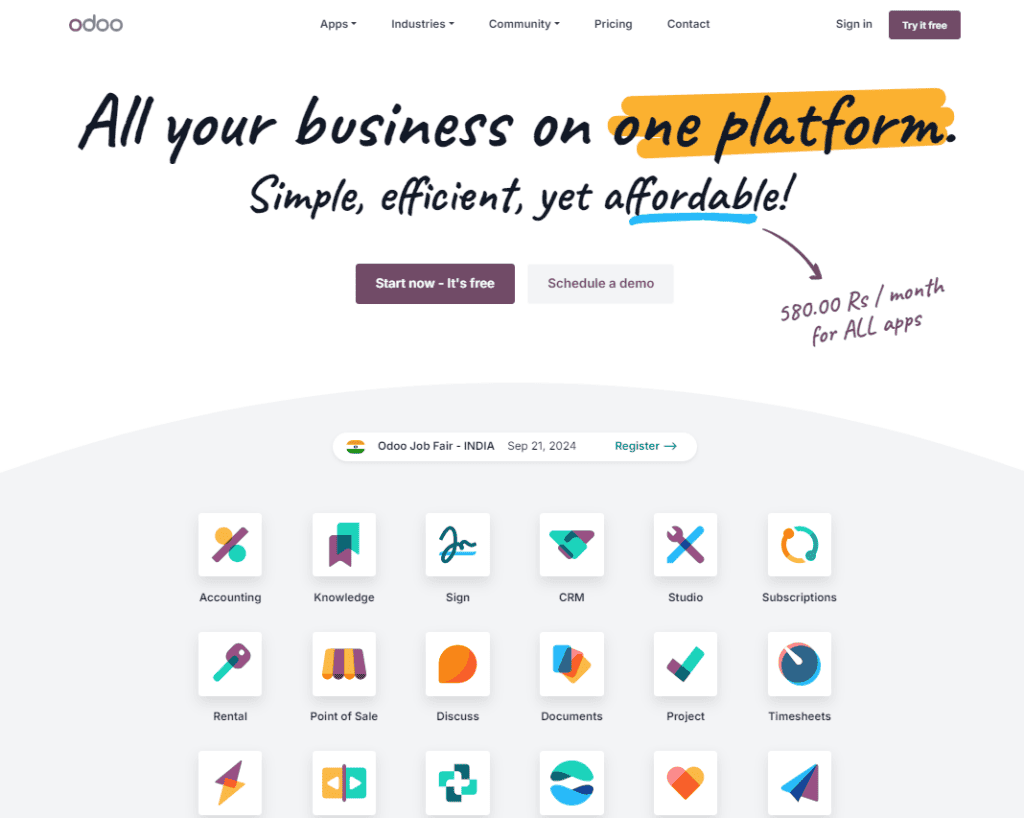 "Odoo platform showcasing multiple business tools including CRM, Accounting, and Subscriptions, with an emphasis on efficiency and affordability.